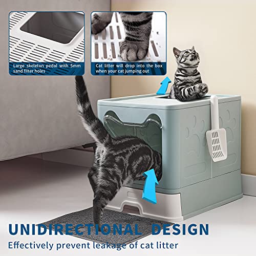 Medario Cat Litter Box With Cat Litter Mat And Scoop, Large Foldable Litter Box With Lid, Front Entry Top Exit Kitty Litter Box, Odor Control Easy Clean (Blue) #TOP1