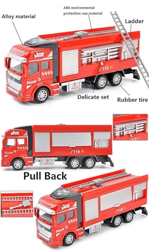 Image of Die cast 1:32 Scale Fire Truck Toy Set of 3 with Pullback Action Figure & Friction Powered Toy Truck for Kids Boy Girl Gift [Colors as Per Stock]