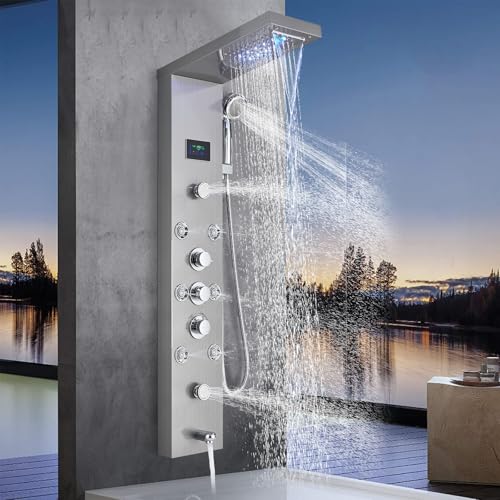 Harnart Colonna doccia idromassaggio per vasca da bagno 6 in 1 con LED Colonna Doccia Idromassaggio Spazzolata Acciaio Inox Sistema di Pannello Doccia a Parete