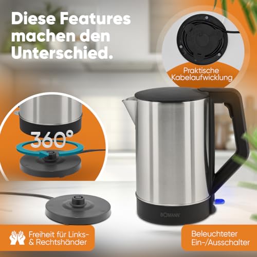 Foto von Bomann® Wasserkocher Edelstahl | 1,5 Liter | BPA frei | Einhandbedienung | Edelstahlgehäuse | Kettle | Station mit Kabelaufwicklung | Wasserkocher schwarz | WKS 3002 CB schwarz