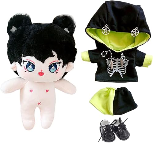 Miniatura 6 de niannyyhouse Muñeca de peluche de 7.9 in con capucha y cuerpo de peluche humanoide desnudo, pantalones de cuero, ropa de muñeca Kpop (A-2)