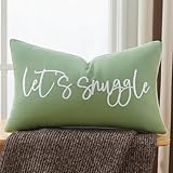 Sunkifover Let's Snuggle Decorative Lumbar Pillow Cover - 12x20 Inch Sage Green and White Cotton Embroidery Throw Pillowcase for Bed, Bedroom, Living Room, Home Decor