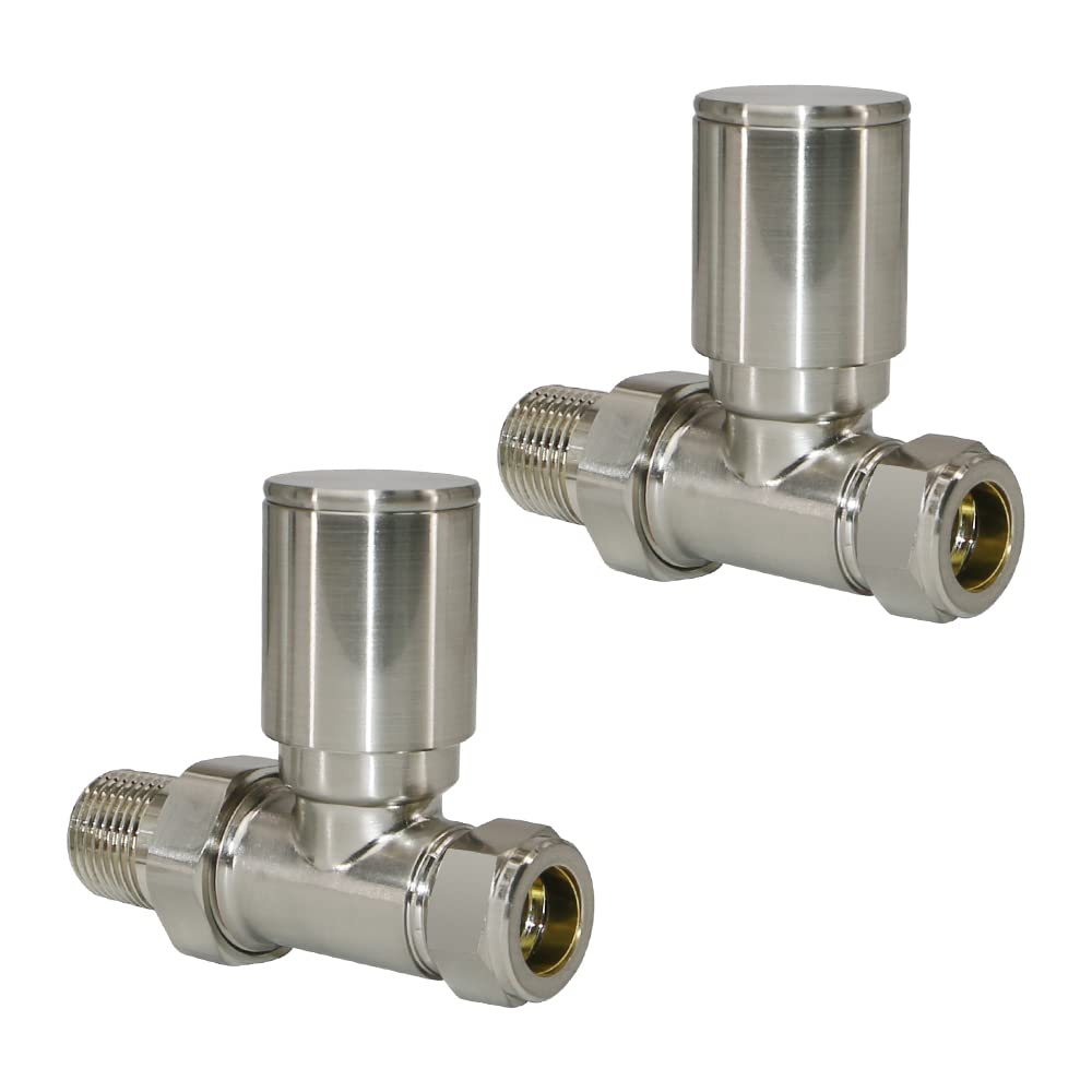 NRG Designer Radiator Valve 15mm Manual Straight Valves One Pair Satin Nickel