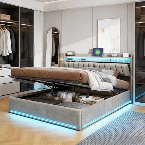 BRILVERDE Cama tapizada 160x200 cm con iluminación LED, Cama Doble con canapé, con somier y Base, Cama Juvenil (Gris-B, 160 x 200 cm)