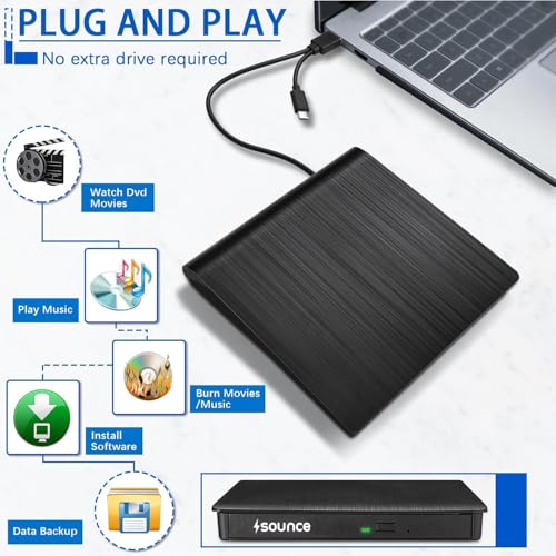 Image of Sounce External DVD Drive USB 3.0 & Type-C CD Burner, Slim Portable Optical Drive CD /DVD ROM + /-RW Rewriter Compatible with Laptop, PC, MacBook, Desktop, Notebook, Windows, Linux Mac OS - Black