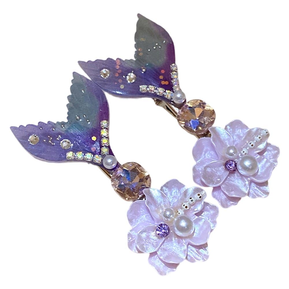 Danlai 2 Pcs Fish Tail Flower Hair Clips, Shiny Duckbill Sweet Bang Clip for Wedding Beach Party and Fashion Hair Styling