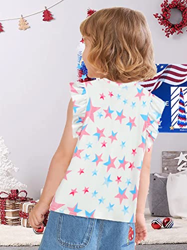 Image of Toddler Girls July 4th Shirts American Flag Ruffle Short Sleeve Patriotic Red White Blue Star Outfits Blouse Tops