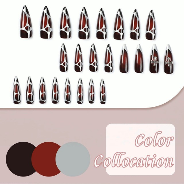 Angwis Künstliche Fingernägel Stiletto – Dunkelrot Mit Gothic-Kreuz, 24-teiliges Set Zum Aufkleben