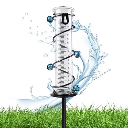 Pluviómetro Exterior, Pluviómetro de Jardín Decorativo 48 cm con Soporte de Metal en Espiral, Resistente al Exterior, Medidor de Lluvia en Cristal con Escala Clara, Decoración Jardín, Césped y Terraza