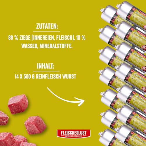 Steakhouse Ziege pur (14x500g), Nassfutter für Hunde & Katzen, sensitives Ergänzungsfutter, Monoprotein, getreidefrei, 14x Wurst von Fleischeslust