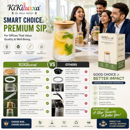 Image of KiKiluxxa 400ml Glass Tumbler with Lid and Straw | Ribbed Drinking Glass with Bamboo Lid | Reusable Glass Coffee Cup for Iced Coffee, Juice, Milkshake, Smoothie & Cold Drinks (Crystal Bloom)