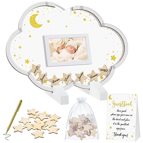 Kosiz Baby Shower Guest Book Alternatives Baby Shower Decorations with Wooden Chips for 60 Guests Sign Picture Frame Pregnancy Keepsake for Soon to Be Moms(Cloud)