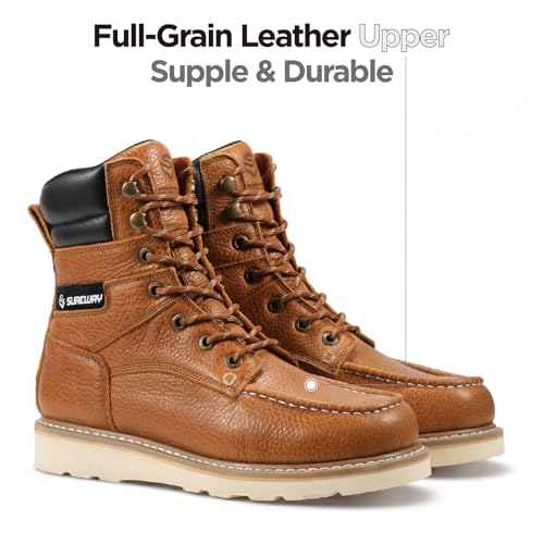 Image of SUREWAY 8 inch Soft Toe Work Boots for Men - GoodyearWelt Full Grain Leather, Lace Up Moc Toe Work Shoes, EH Construction Oil /Slip Resistant, Durable Rubber Sole Boots for Warehouse, Factory, Daily Wear