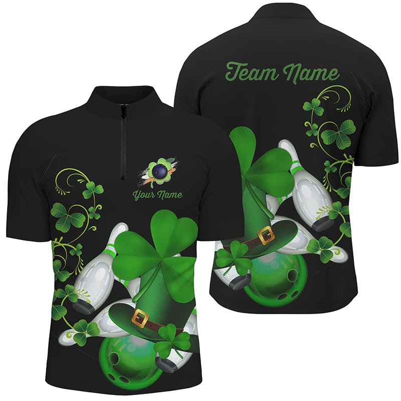 Herren & Damen Bowling Shirt mit Viertelreißverschluss, Grünes Kleeblatt Design, Individuell Gestaltetes Schwarzes Team Jersey für St. Patrick's Day N7195