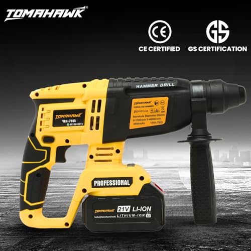 Image of TOMAHAWK YRH-7865 Cordless Rotary Hammer Drill Machine For Drilling And Chiseling-21V,4.0Ah Battery Reversible Hammer Drill Machine With Drill Bits For Home 1100Rpm,750W,26Mm