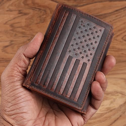 Image of Trifold Wallet for Men, Full Grain Cowhide Leather, RFID Blocking, Gifts for Men (Brown with US Flag)