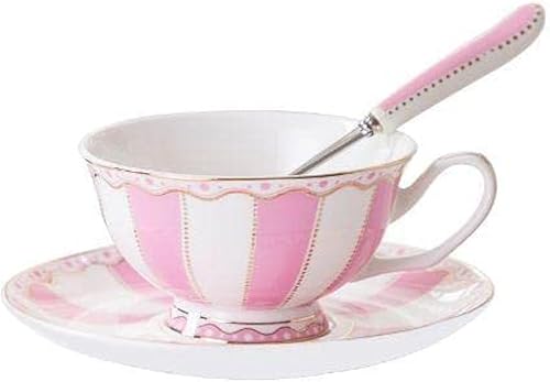 Bone China - Juego de 3 tazas de té rosa con cuchara de platillo (7 onzas), tazas de capuchino, tazas de café, juego de tazas de té, tazas de café