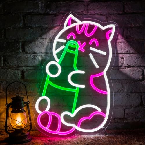 Image of Beer Cat Neon Sign Led Neon Lights Signs for Wall Decor USB Powered Led for Room Decoration Game Room Bar Party Decor