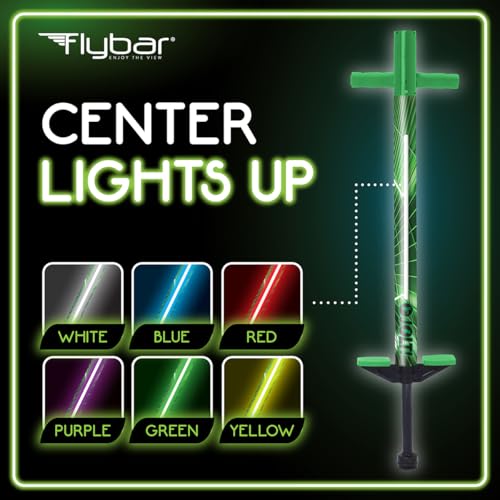 Image of Flybar Jolt Pogo Stick for Kids, Perfect for Beginners w /Foam-Covered Metal Frame, Handles & Padding, Non-Slip Foot Pads, Wide Tip, Outdoor Active Play Toy for Boys & Girls, Ages 6+, Lime Leaper LED