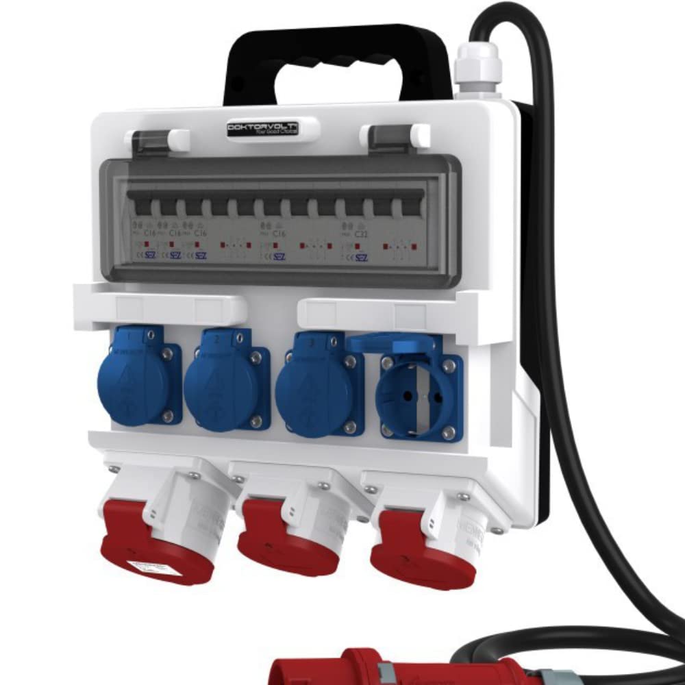 Doktorvolt Stromverteiler Mit Steckdosen 4x230V 2x16A 1x32A 400V CEE LS Schalter Kabel Mit CEE Stecker Baustromverteiler Wandverteiler Mit Leitung Sicherheitsklappdeckeln IP44