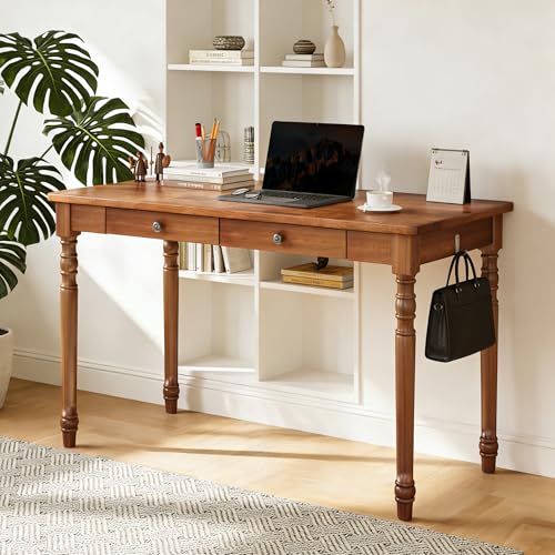 Image of 100% Solid Wooden Desk with Drawers - 47.2 inch Mid Century Modern Desk with 2 Hooks, Vintage Writing Desk with Drawers, Simple Work Study Table for Bedroom & Home Office - Walnut Color