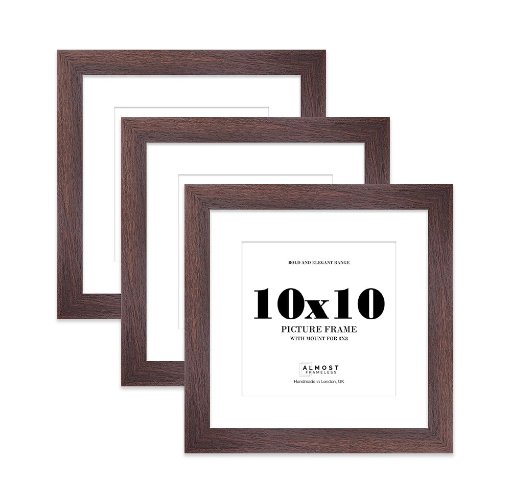 10x10" Walnut Square Frame With Mount for 8x8" Pictures 28mm Edge Frame Display with Wall Hooks and Kickstand, 3 Pack