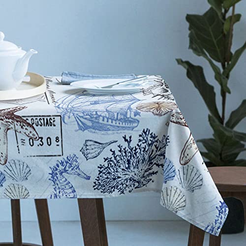 Summer Beach Rectangle Table Cloth 60X120In For Dining Table Ocean Starfish Shell Boat Nautical Anti-Wrinkle Tablecloth Waterproof Kitchen Table Cover For Birthday Party Graduation Party Picnic #TOP2