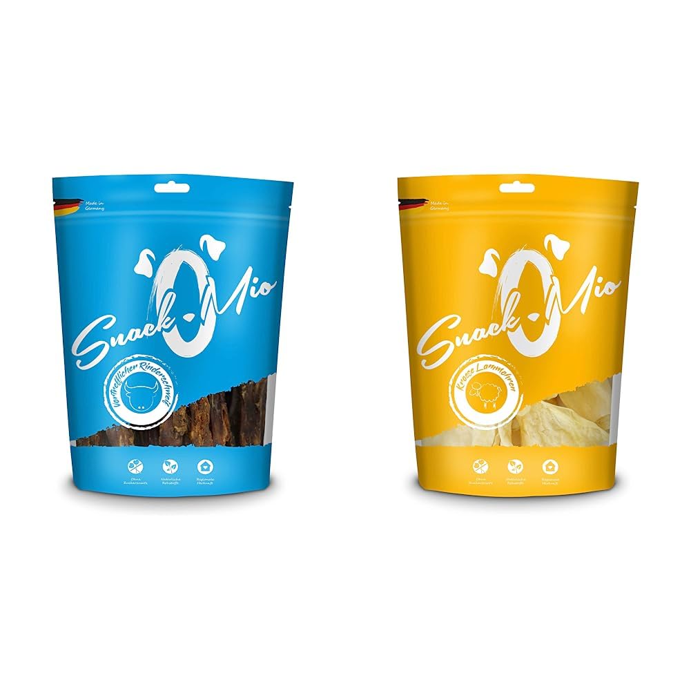 SnackOMio Queue de Bœuf Excellente Mâcher Premium pour Chien 1000 g & Oreilles d’Agneaux Croustillantes Mâcher Premium pour Chien 40 Pièces 800 g