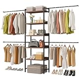 DWVO Closet Organizer System Fits 6-9 ft Space, Adjustable Heavy Duty Garment Rack Walk In Closet System, 4 Expandable Hanger Rods 5-Tier Wood Closet Storage Shelves w/Backplane, Black