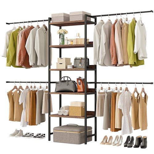 DWVO Closet Organizer System Fits 6-9 ft Space, Adjustable Heavy Duty Garment Rack Walk In Closet System, 4 Expandable Hanger Rods 5-Tier Wood Closet Storage Shelves w/Backplane, Black