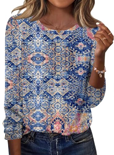 TCOT Women's Long Sleeve Crew Neck Tops for Women Trendy Casual Blue Boho Spring Clothes 2026 Pullover Shirts XL