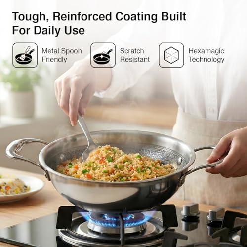 Image of Prestige 24cm /2.7L Tri-Ply Stainless Steel Hexamagic Kadai with Lid| Honeycomb Structure|Durability of Triply|Metal Spoon Friendly| Gas & Induction Compatible|Dishwasher Safe|Low Oil Consumption|Grey