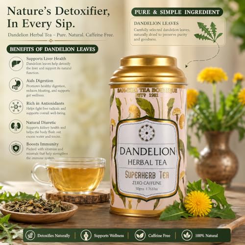 Image of Sancha Tea Boutique, Imported Dandelion Leaves Herbal Tea, Loose Leaves, Harvested in China | Toasty & Floral Caffeine-Free Detox Infusion, Fatty Liver Detox