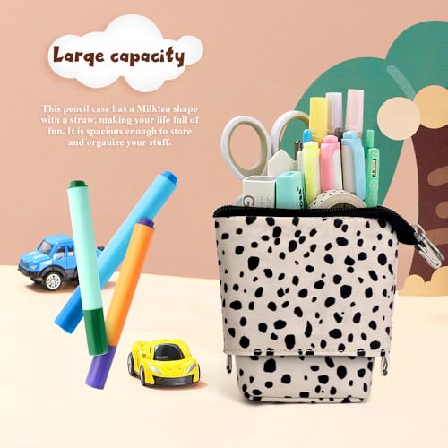 Image of Cute Standing Pencil Case Pen Holder for Kids, Pop Up Stand UP Bubble Tea Pen Organizer Kawaii Stationary for Christmas Holiday New Year Office (Beige Leopard)