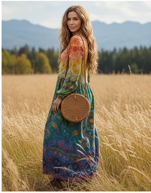 Womens Boho Floral Long Sleeve Maxi Dresses Vintage Casual Cotton Linen Oversized Flowy Tunic Dress - Image 5
