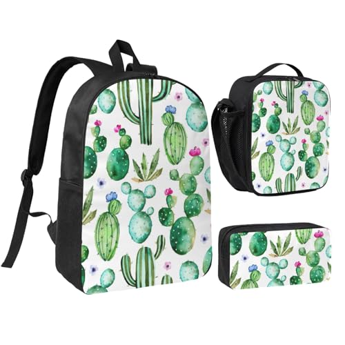 Mochila con estampado de flores de cactus juego 3 en 1 de 17 pulgadas con fiambrera y bolsa de lápices