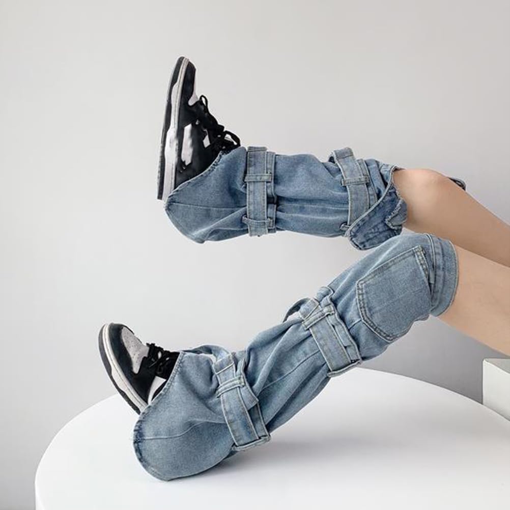 Y2k Denim Leg Warmers Women Buckled Straps Hippie Gothic Baggy Grunge Flare Boot Long Socks Streetwear