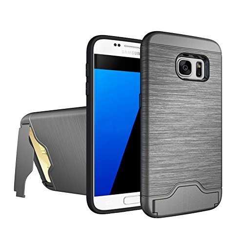 Galaxy S7 Armor Case With Card Holder and Kickstand Wire Drawing Shockproof Shell For Samsung S7 Protective Cover(Gray)