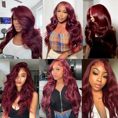 Image of JTMMP 20 Inch 99J Burgundy Lace Front Wigs Human Hair 13x6 Body Wave Lace Front Wigs Human Hair Pre Plucked 99j Burgundy Red Wine Glueless Wigs for Women