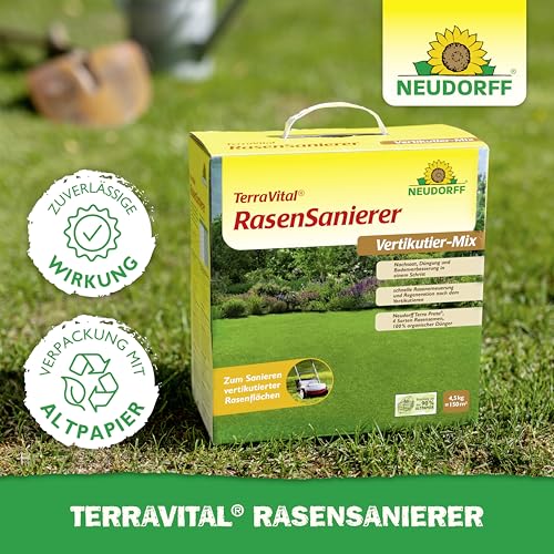 Neudorff TerraVital RasenSanierer – Vertikutier-Mix für 150 m² zur Neuanlage und Ausbesserung lückenhafter Rasenflächen nach dem Vertikutieren, schnellkeimend, 4,5 kg