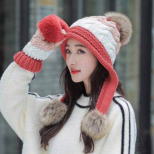 Bonnet tricoté femme hiver chaud avec gants de protection oreilles en coton