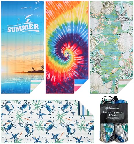 Casa Platino 4-Pack Oversized Beach Towels – 71x32 Lightweight, Sand-Free Microfiber Towels – Quick-Dry, Double-Sided Printed Swim, Pool Towels for Adults, Camping & Vacation Accessories – Baudin