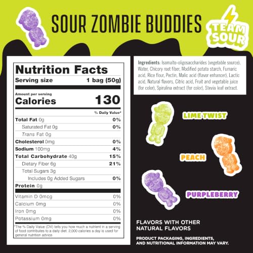 Image of SmartSweets Sour Zombie Buddies Low Sugar Gummy Candy, Healthy Snacks for Kids and Adults, Halloween Treat, 50g bags, Pack of 14
