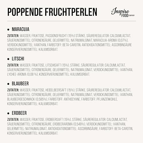 INSPIRE FOOD Bubble Tea Perlen Set - 4er-Pack Popping Boba Fruchtperlen | Erdbeere, Maracuja, Blaubeere & Lychee | Tapioka Perlen 100% vegan und glutenfrei, ohne künstliche Farbstoff, je 100g