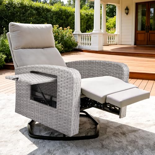 ZZW Outdoor Recliner Chair Wicker Patio Recliners with Adjustable Backrest and Extended Foot Rest Reclining Patio Chairs with Flip Table & Removable Cushion Cover for Porch