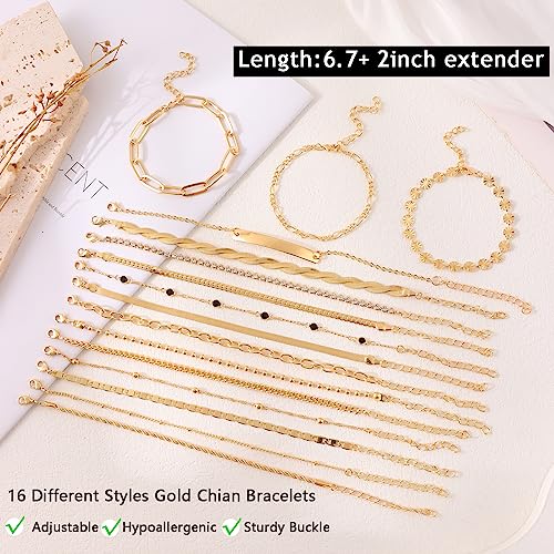 CASDAN 16Pcs Gold Bracelet Sets for Women 14K Gold Plated Adjustable Stackable Cuban Link Paperclip Chain Bracelet Dainty Gold Layered Bracelet Fashion Jewelry4