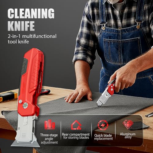 Image of 2-in-1 Utility Knife Scraper,Folding Razor Blade Scraper Tool, Zinc Alloy Body with SK2 Carbon Steel Blades,Built-In Blade Storage for Home Office and DIY