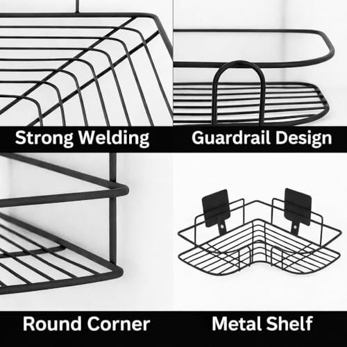Image of PulGos Pack-2 Multipurpose Corner Wall Shelf with 2 adhesive hooks | Durable Mounted Rack for Bathroom, Kitchen & Toilet, Space-Saving Bathroom Accessories Storage Rack for Home & Office Use |No Drill