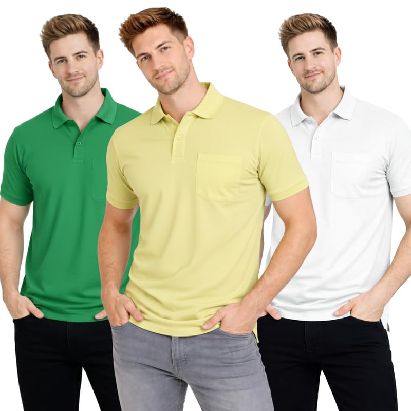 Image of SMAN Polo Neck T-Shirt Pack of 3 for Men & Boys | Half Sleeve Collar Tee with Pocket | Premium Spun Matty Fabric | Casual & Office Wear | Sizes M to 2XL | FX PO3 MCR LMN WHT