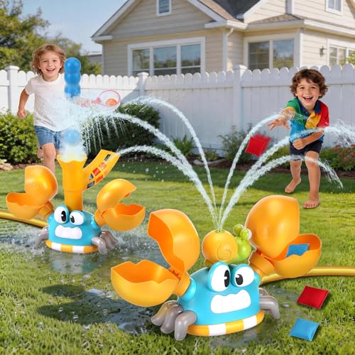 Wassersprinkler für Kinder 3-in-1 Krabbensprinkler mit Wasserspray Beanbag-Wurfspiel & Fangball-Spiel passt an Gartenschlauch Sommer Outdoor Wasserspielzeug für Jungen Mädchen ab 38 Jahre